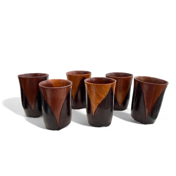 Set Of 6 Hand-Carved Wooden Cups With Geometric Design two tone mid century mod - Picture 1 of 4